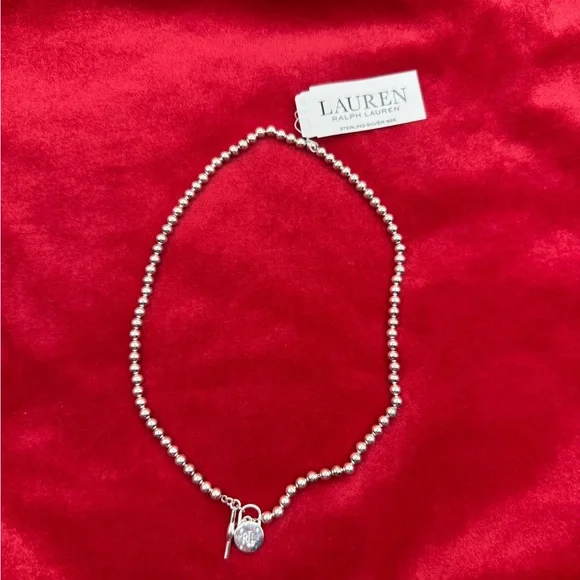 Lauren Ralph Lauren Logo Padlock Charm Beaded Collar Necklace Sterling Silver - Picture 1 of 11